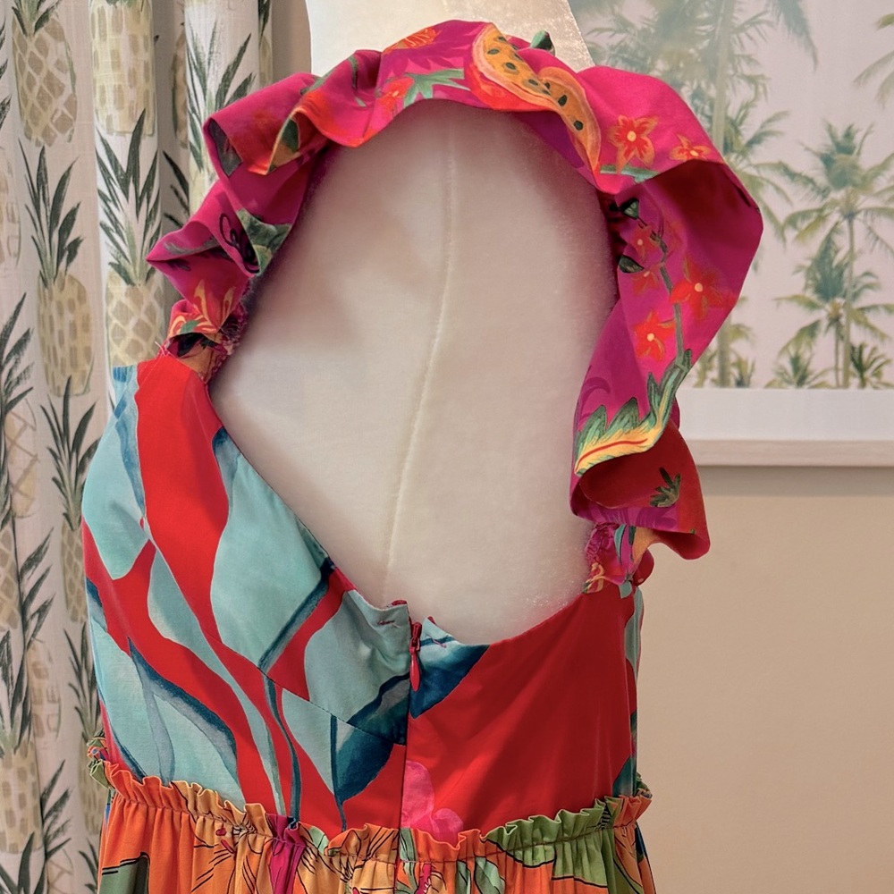 FARMRIO Foliage Mix Mini Dress Tropical Floral Ruffle Sleeve Tucan Cotton Size L - Picture 9 of 9